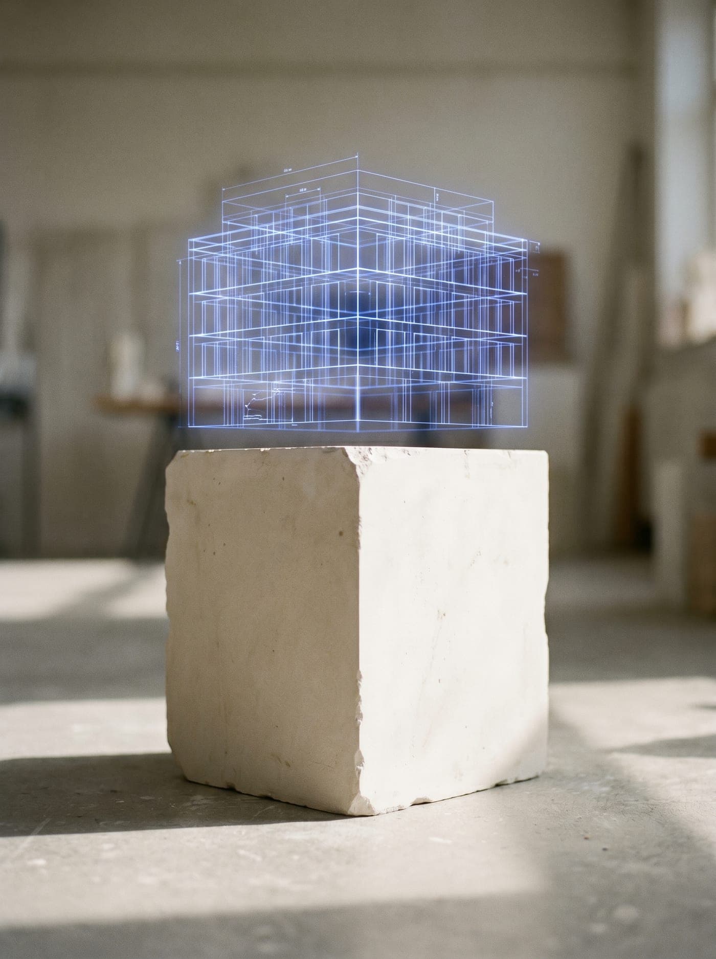 An ultramarine wireframe rising from a raw stone block in a bright studio