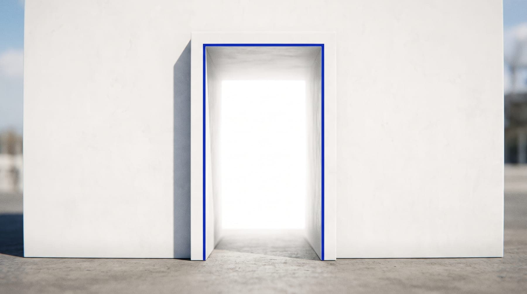 A porcelain doorway flooded with radiant daylight, an ultramarine seam tracing its frame