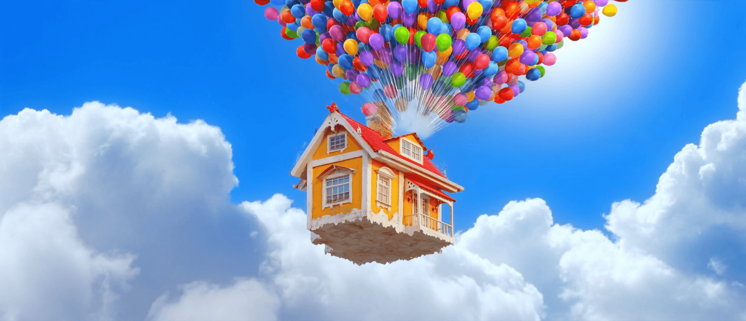 A yellow cottage carried through a sunny sky by hundreds of rainbow balloons