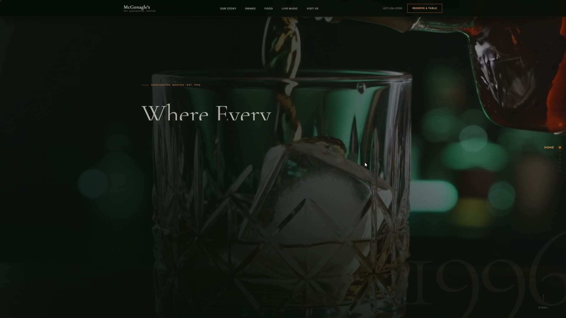McGonagle's bar website, whiskey pouring over ice in candlelight