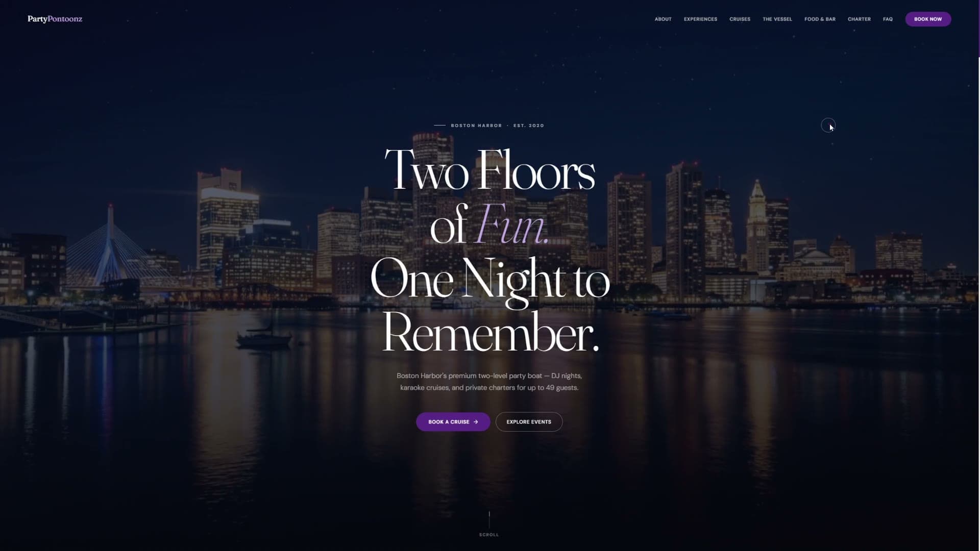 Party Pontoonz website, the Boston skyline over the harbor at night