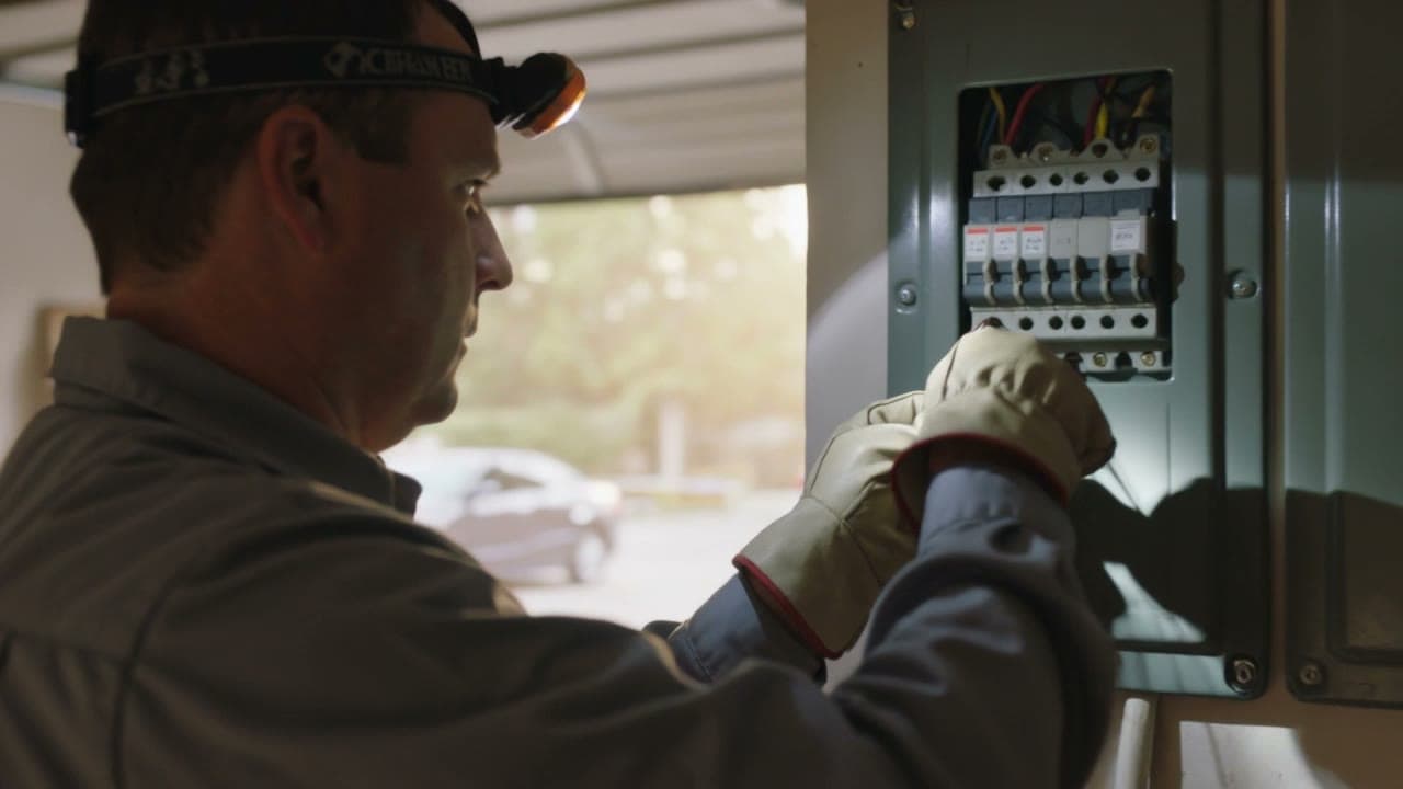 An electrician wiring a breaker panel in a sunlit garage