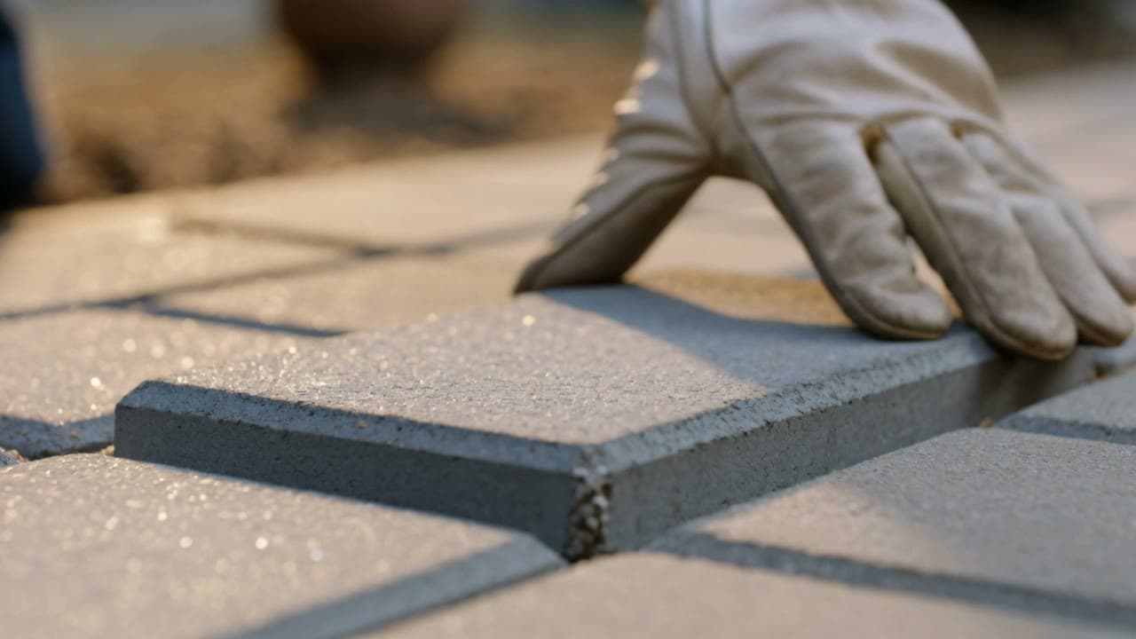 Gloved hands tapping a bluestone paver level in morning light