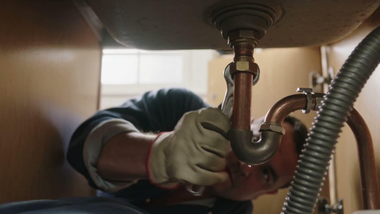 A plumber tightening a copper fitting under a kitchen sink