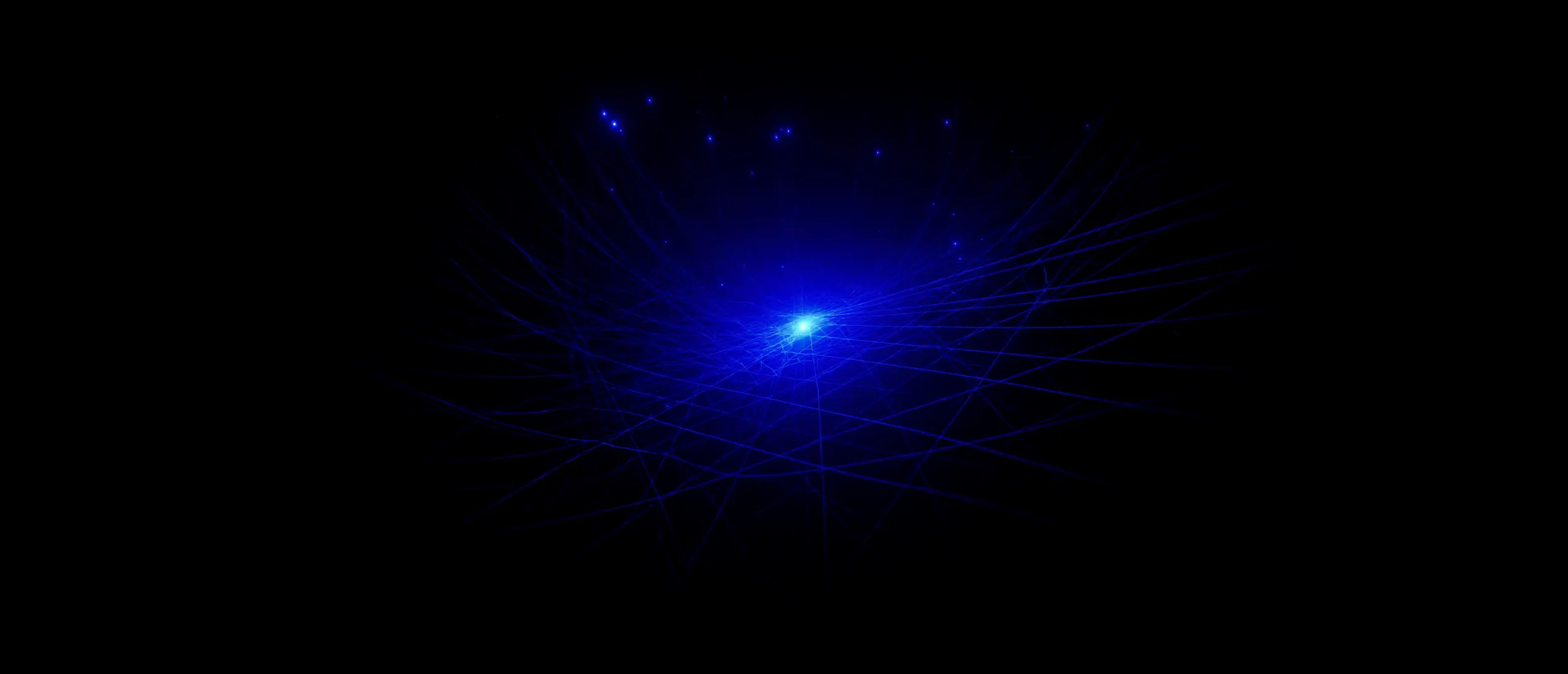 Threads of ultramarine light converging on a single node